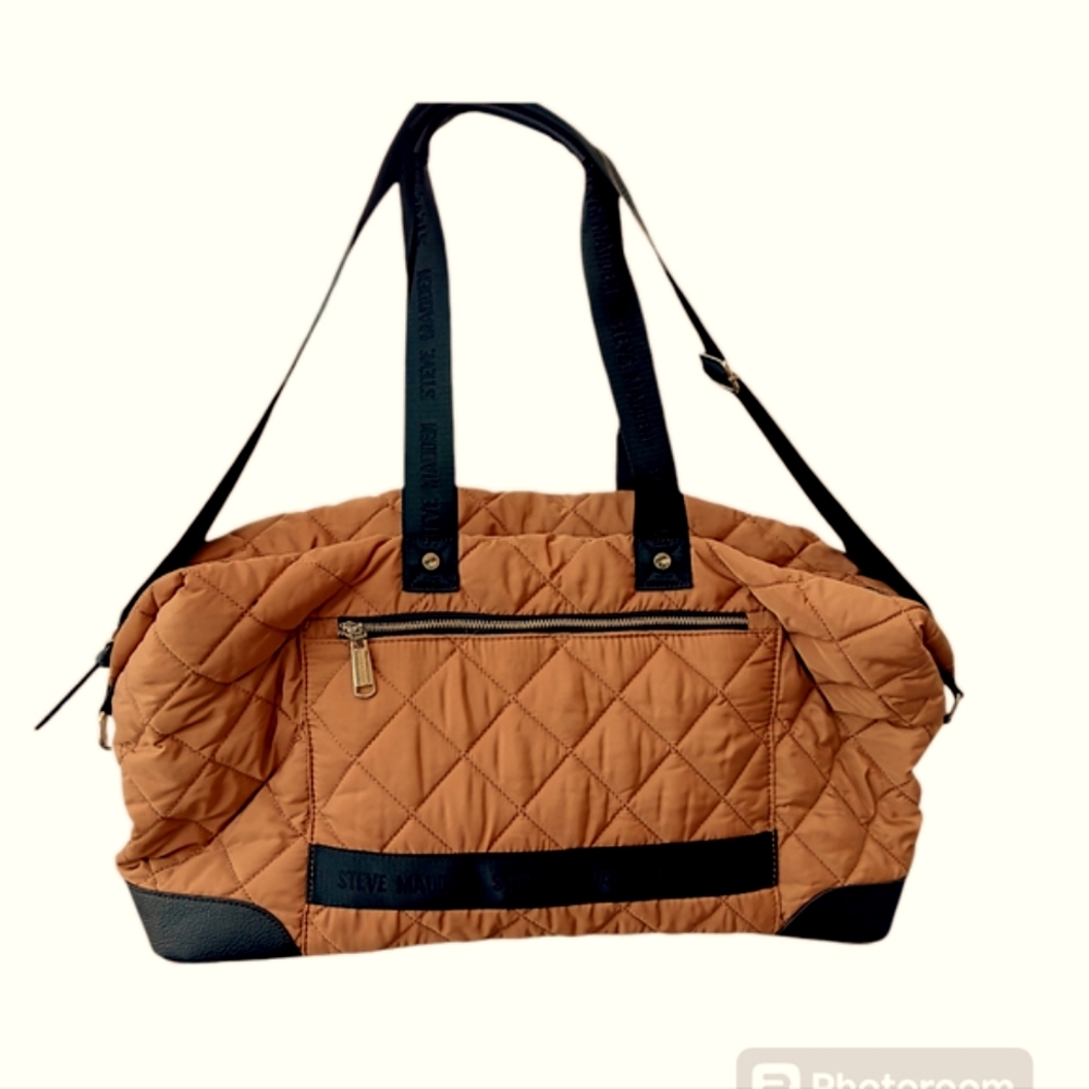 Steve Madden Quilted Duffle Bag Brown With Black Handles and Trim